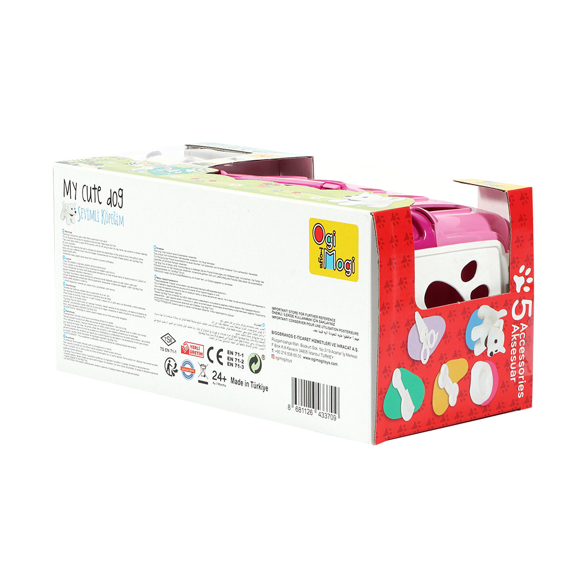 Ogi Mogi Toys My Cute Dog Tierarzt Set Rosa mit Zubehörteilen wie Pflegebürste, Futterteller und Hundewelpe in einem Tragekoffer.